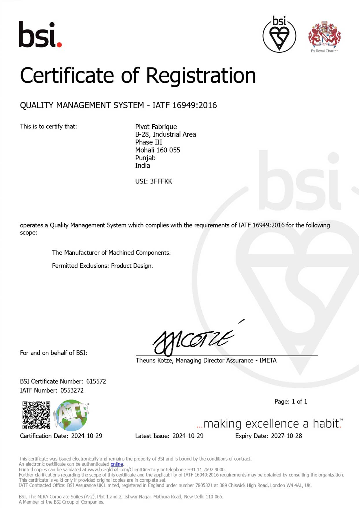 Quality Management System Certificate – Pivot Fabrique