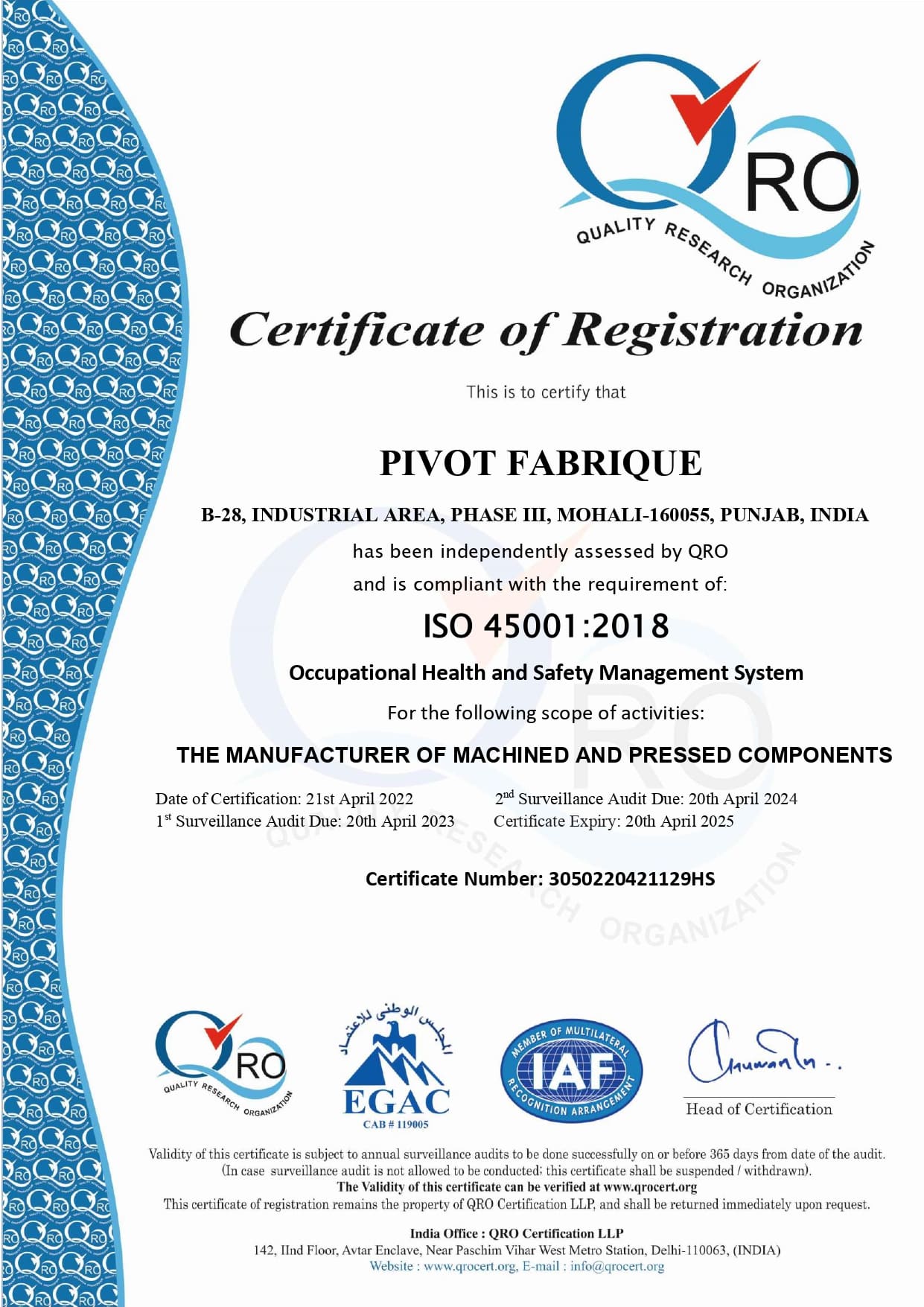 ISO 45001:2018 Certificate – Pivot Fabrique