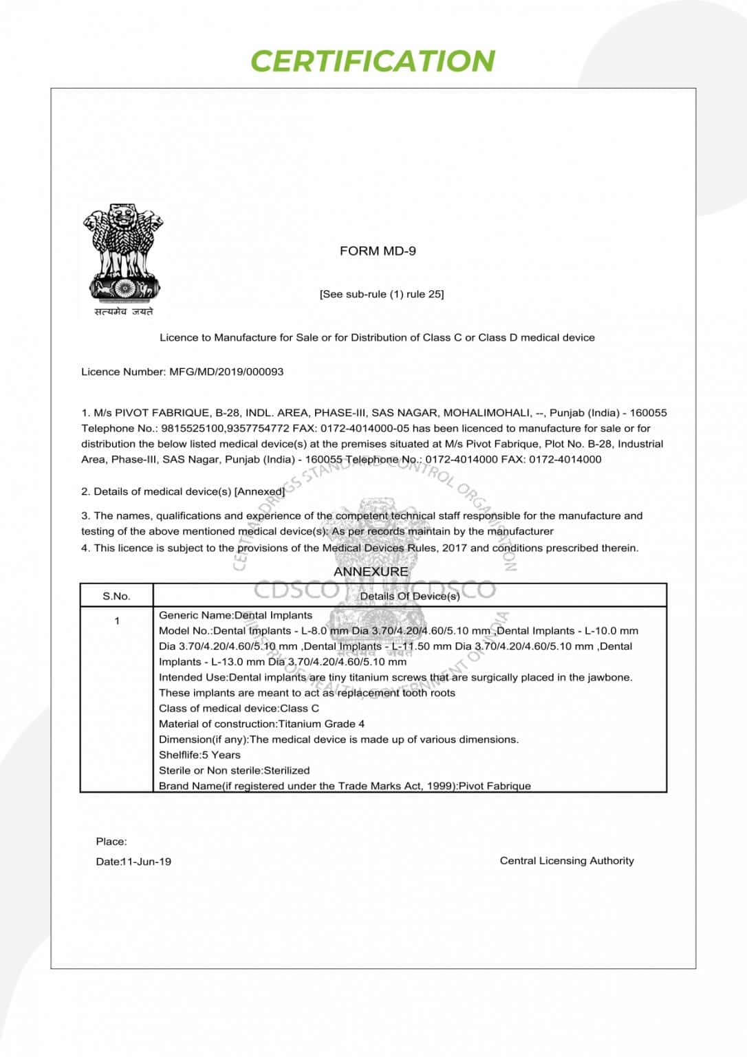 CE Marking EU Conformity Certificate – Pivot Implants