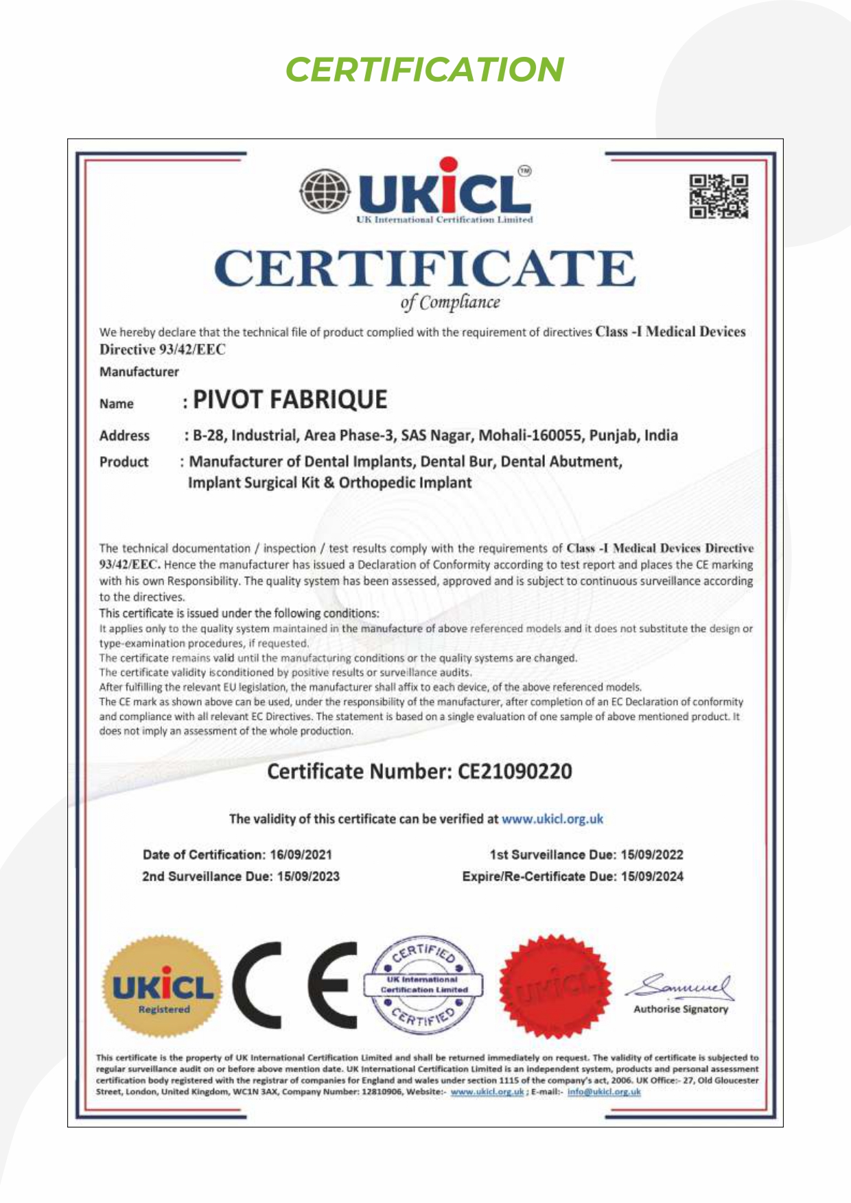 Medical Device Compliance Certificate – Pivot Implants