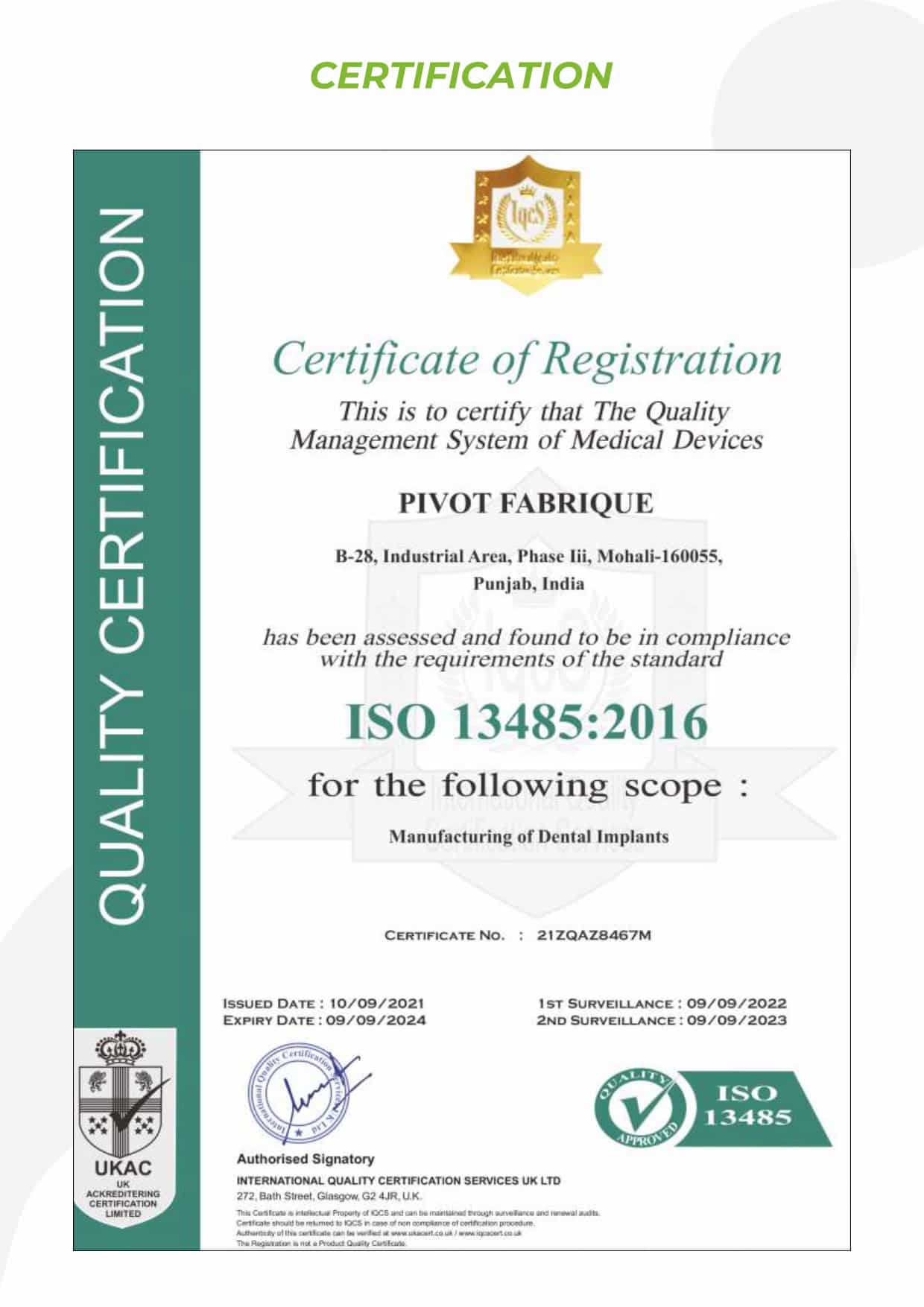 pivot implant certificate